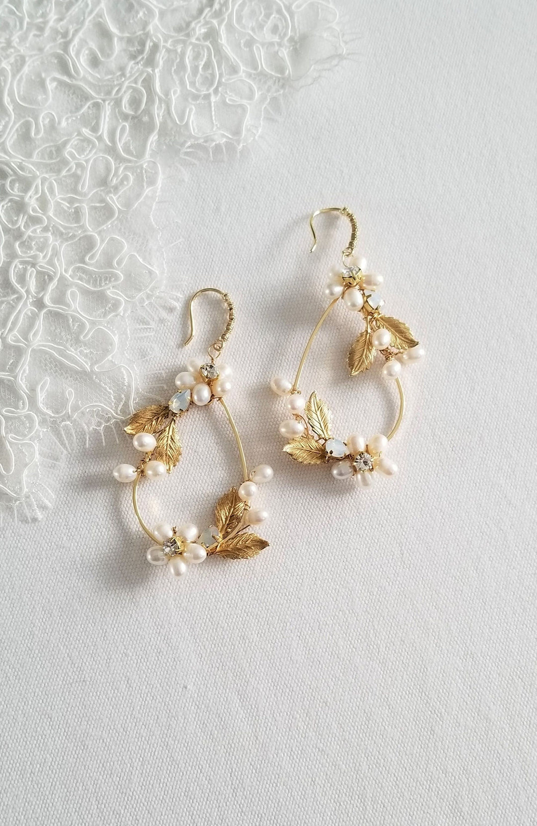 Pearl Wedding Earrings Bohemian Style, Freshwater Pearl Bridal Earrings, Pearl Hoop Earrings For Bride - freshwater pearls, brass leaves, rhinestones, ear hooks, wire, metal hoops