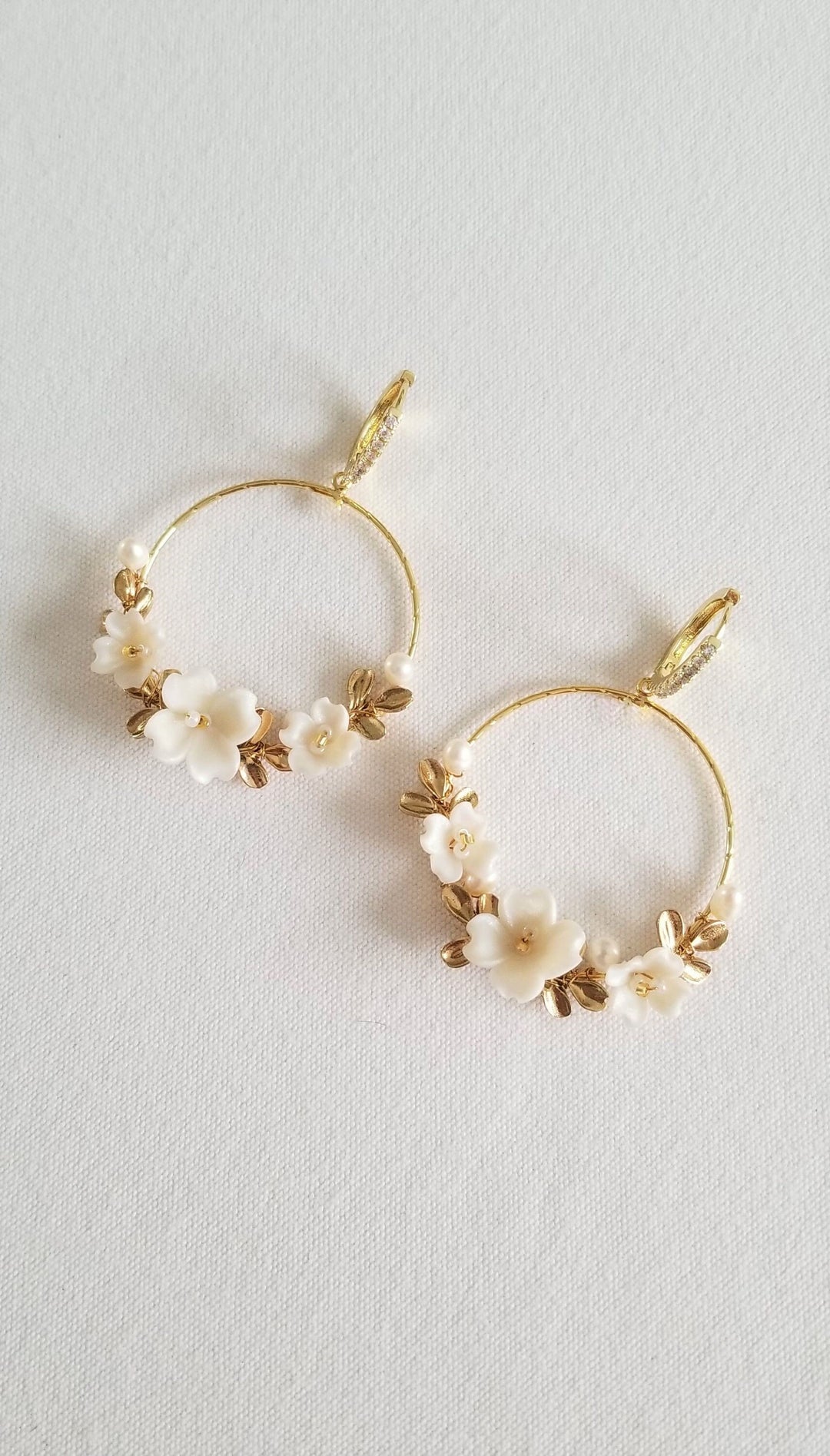 Pearl Wedding Earrings With Floral Design, Clay Flower Hoop Boho Bridal Earrings, Gold Floral Statement Earrings For Bride - metal hoops, wire, ear wires, cubic zirconia, seed beads, freshwater pearls, polymer flowers, metal leaves