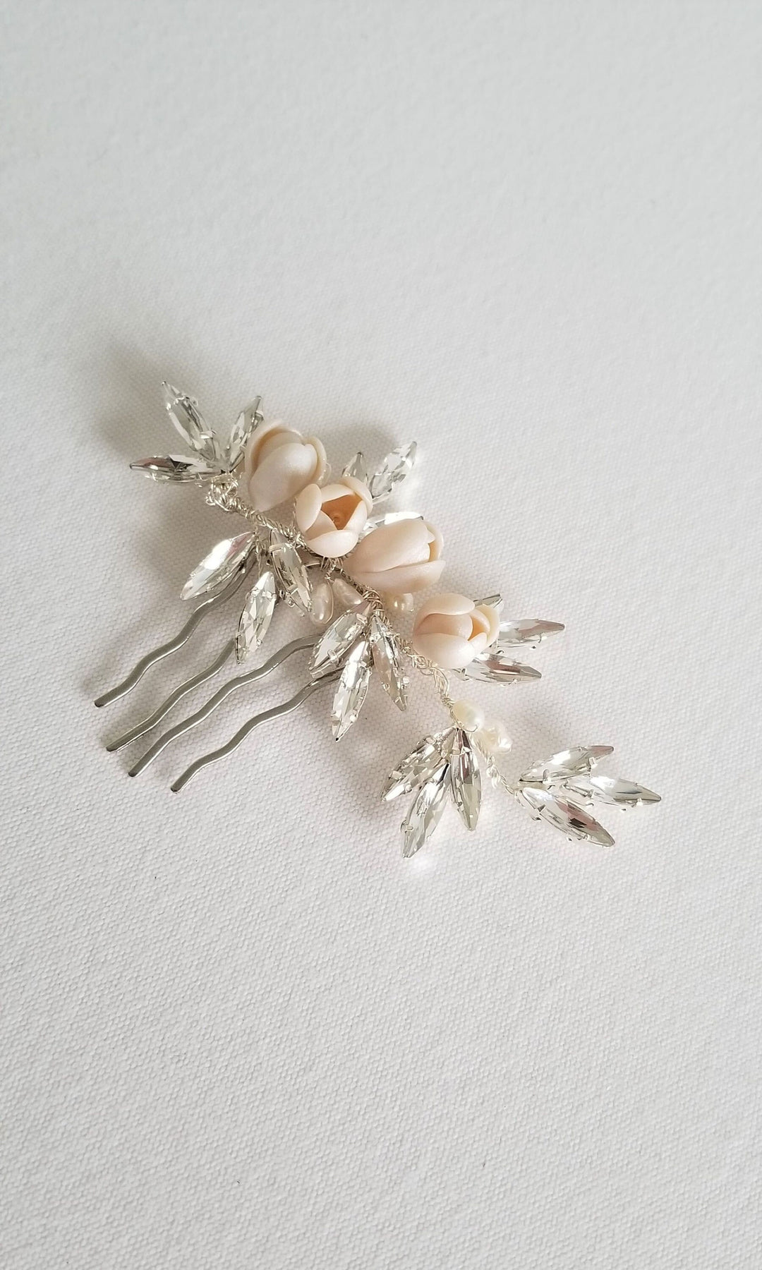 Wedding Hair Comb Freshwater Pearls, Small Silver Polymer Clay Floral Wedding Hair Comb, Silver Crystal Pearl Bridal Hair Comb - wire, metal comb, freshwater pearls, crystals, polymer clay flowers