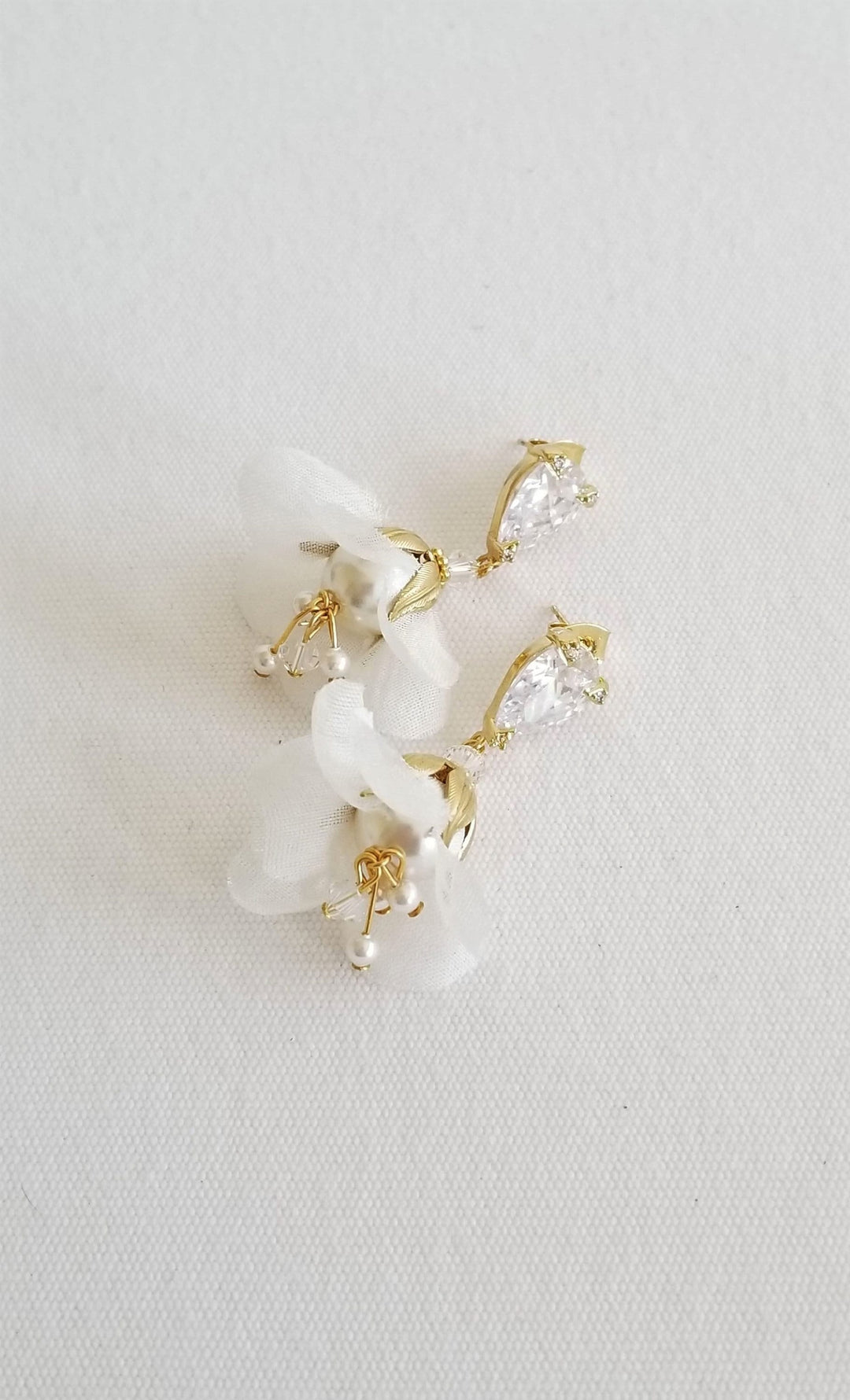 Wedding Earrings With Floral Design, Silk Flower Bridal Earrings, Gold Bohemian Earrings For Bride - wire, metal leaves, cubic zirconias, pure silk flower, Swarovski pearls, Swarovski crystals, head pins