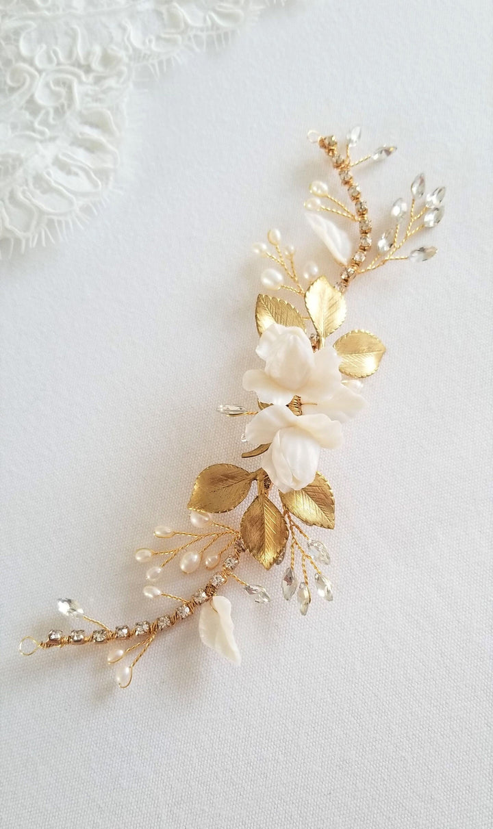 Wedding Hair Vine, Clay Flowers with Freshwater Pearls Headpiece, Crystal Pearl Hair Vine, Polymer Flower Headpiece for Bride - polymer flowers, rhinestones, freshwater pearls, wire, brass leaves