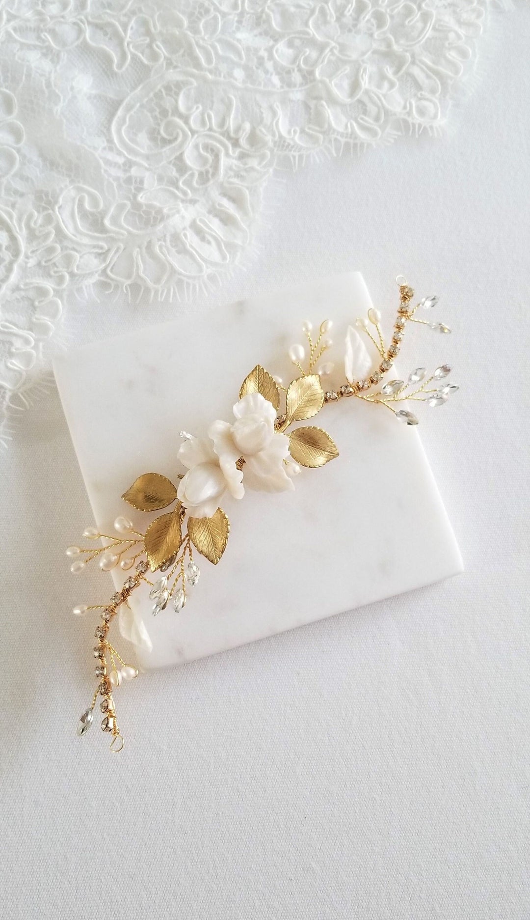 Wedding Hair Vine, Clay Flowers with Freshwater Pearls Headpiece, Crystal Pearl Hair Vine, Polymer Flower Headpiece for Bride - polymer flowers, rhinestones, freshwater pearls, wire, brass leaves