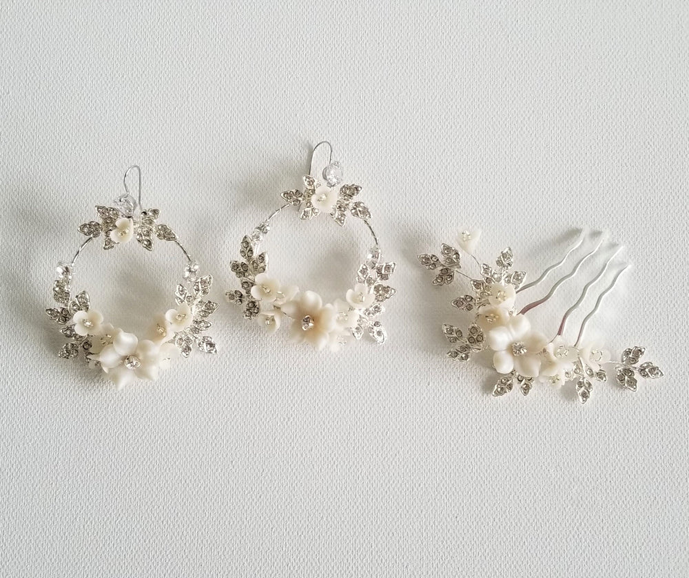 Wedding Earrings and Comb Set Floral Design, Clay Flower Hoop Bridal Earrings and Comb, Boho Floral Statement Earrings For Bride - metal hoops, wire, ear wires, cubic zirconia, seed beads, polymer clay flowers, rhinestones, metal leaves