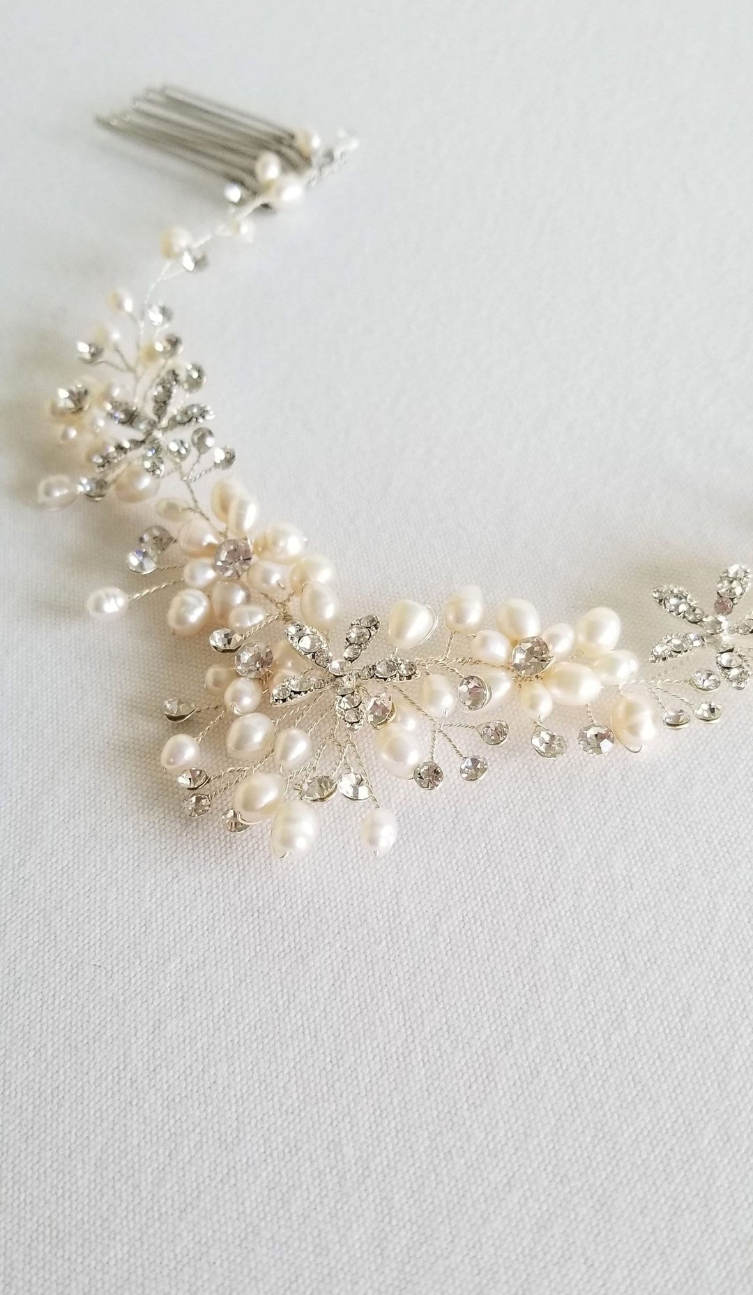 Freshwater Pearl Wedding Hair Vine, Silver Bridal Headpiece with Real Pearls, Pearl Wedding Swag Hairpiece, Bridal Hair Accessory - wire, crystal rhinestones, freshwater pearls, metal flowers