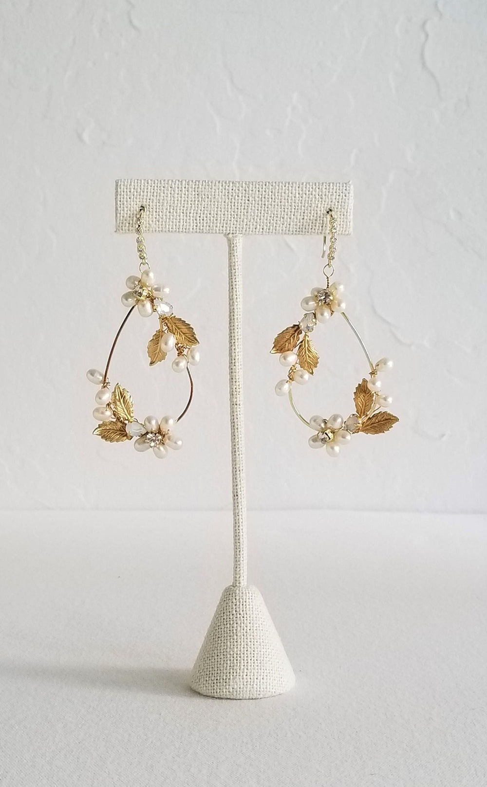 Pearl Wedding Earrings Bohemian Style, Freshwater Pearl Bridal Earrings, Pearl Hoop Earrings For Bride - freshwater pearls, brass leaves, rhinestones, ear hooks, wire, metal hoops