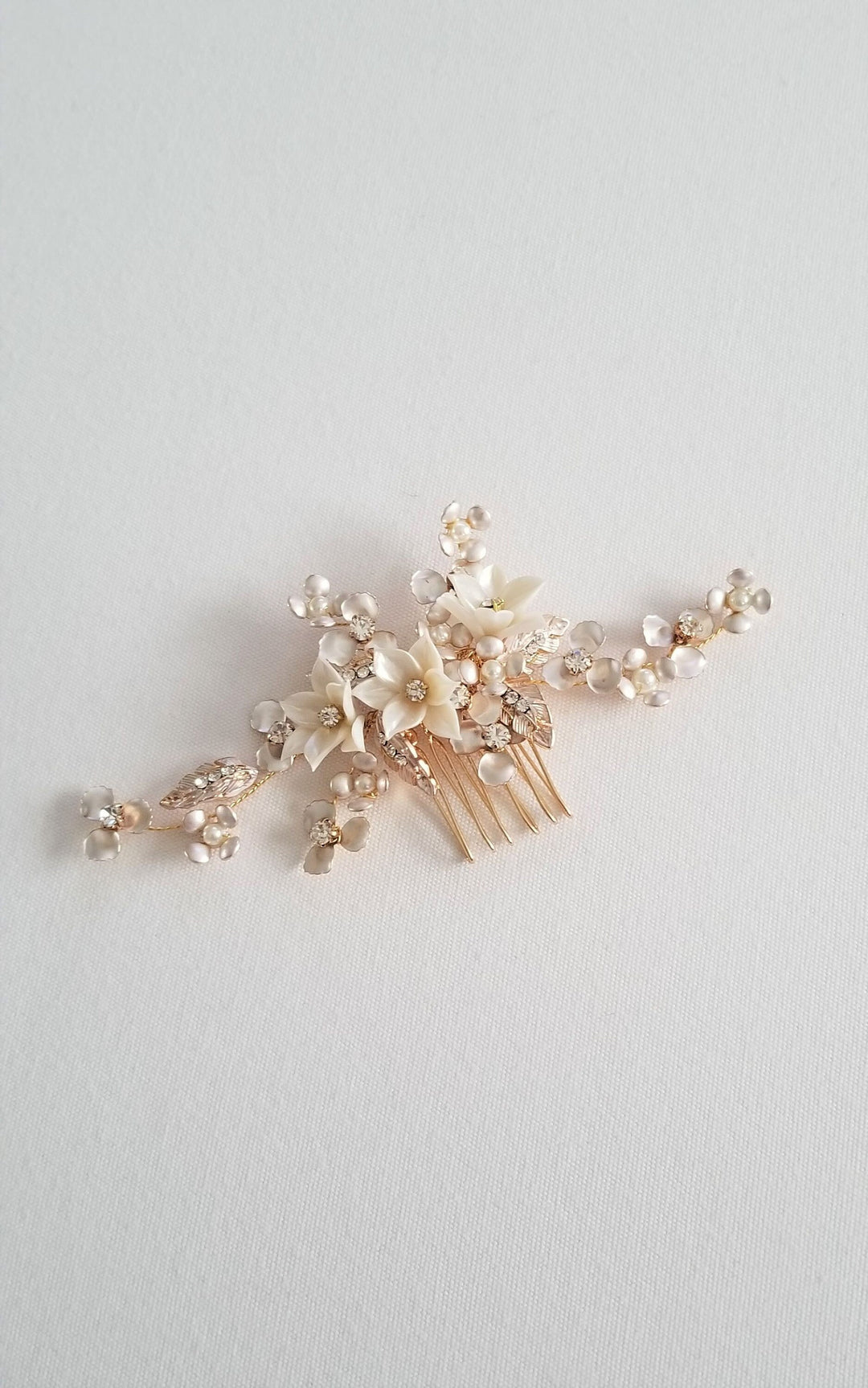 Bridal Hair Comb, Gold Floral Wedding Headpiece, Floral Crystal Hair Comb, Polymer Clay Flower Wedding Comb, Bridal Floral Hairpiece - rhinestones, wire, polymer flowers, imitation pearls, metal flowers, metal leaves, metal comb