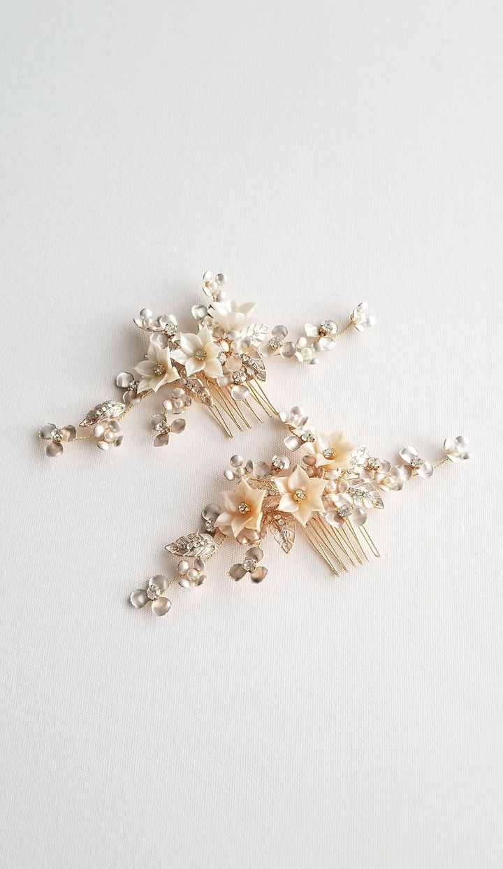 Bridal Hair Comb, Gold Floral Wedding Headpiece, Floral Crystal Hair Comb, Polymer Clay Flower Wedding Comb, Bridal Floral Hairpiece - rhinestones, wire, polymer flowers, imitation pearls, metal flowers, metal leaves, metal comb