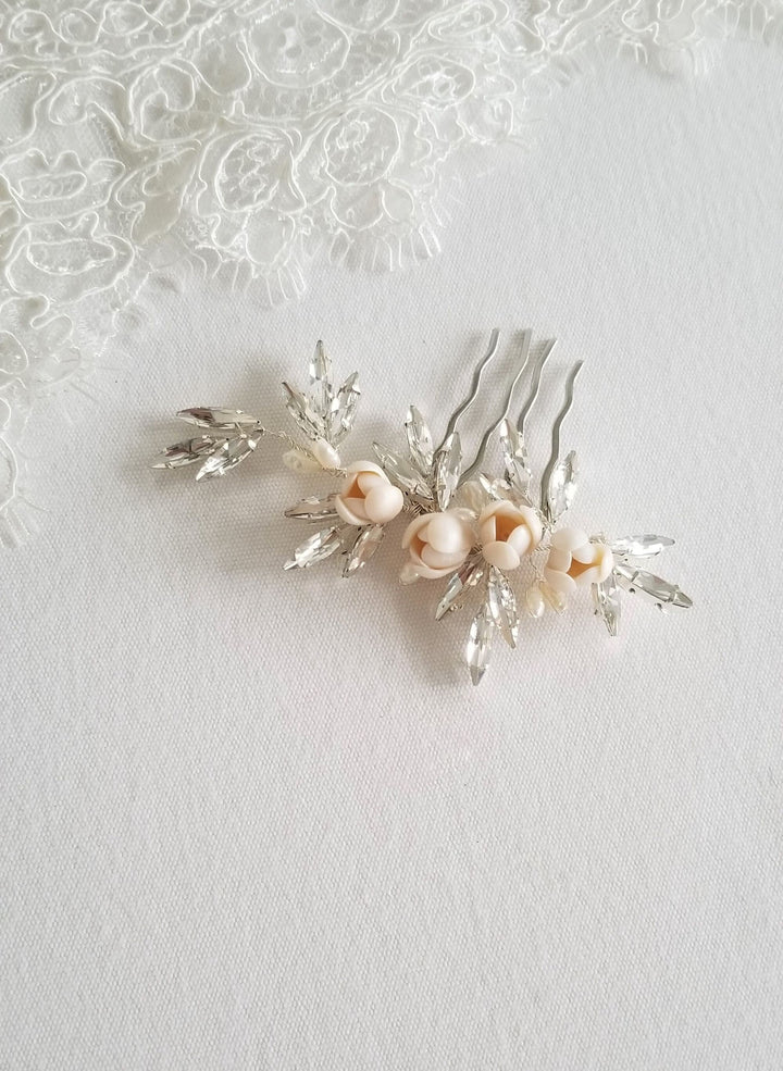 Wedding Hair Comb Freshwater Pearls, Small Silver Polymer Clay Floral Wedding Hair Comb, Silver Crystal Pearl Bridal Hair Comb - wire, metal comb, freshwater pearls, crystals, polymer clay flowers