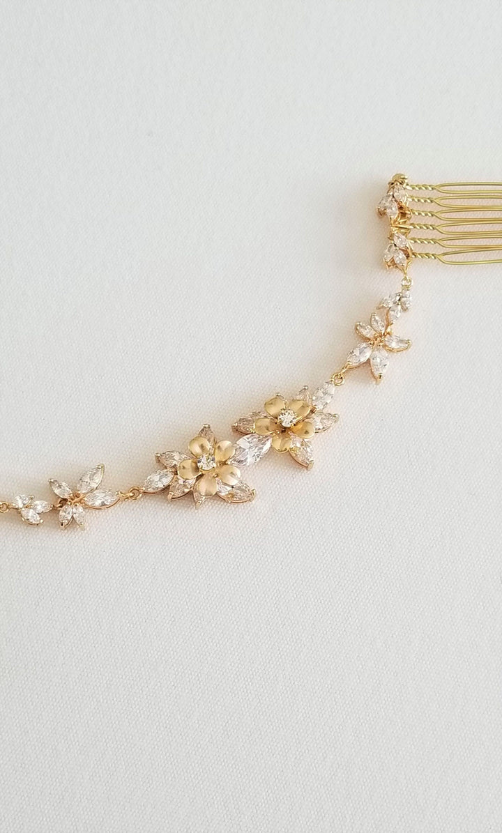 Bridal Headpiece with Cubic Zirconia, Wedding Hair Vine, Gold Wedding Headpiece, Cubic Zirconia Bridal Hair Comb - wire, cubic zirconia, gold plated combs, brass flowers, rhinestones