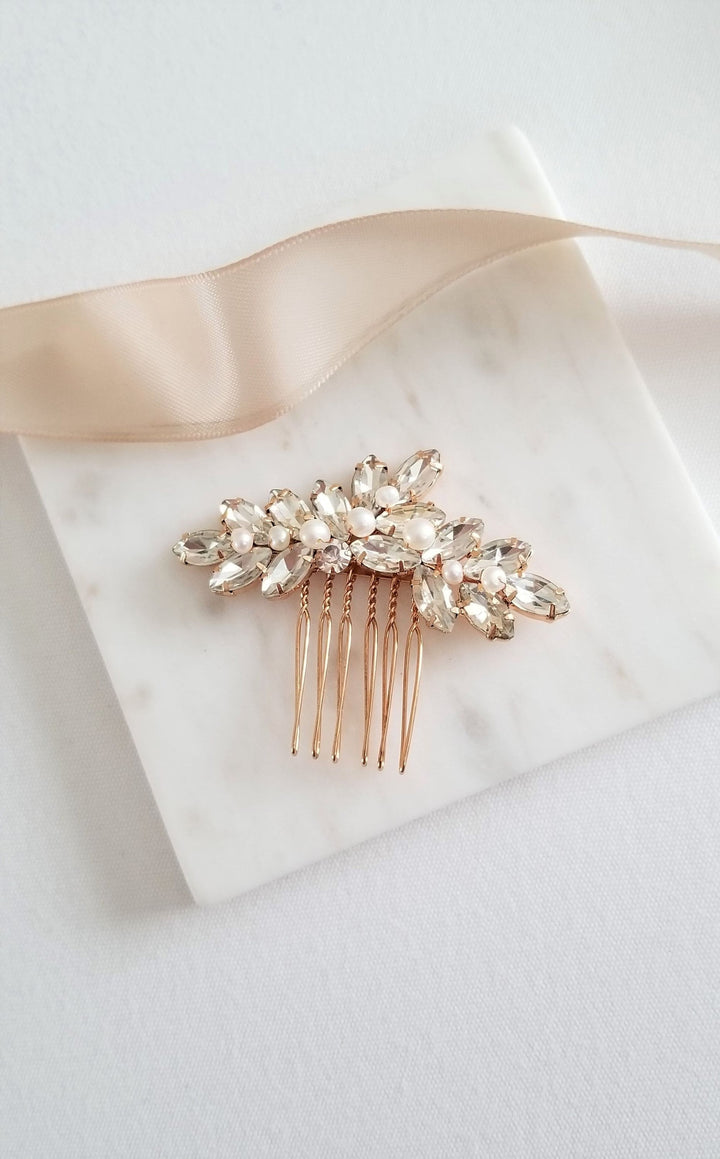 Wedding Hair Comb, Freshwater Pearl Bridal Hair Comb, Rose Gold Crystal Freshwater Pearl Hair Comb For Bride - freshwater pearls, wire, rhinestones, metal comb