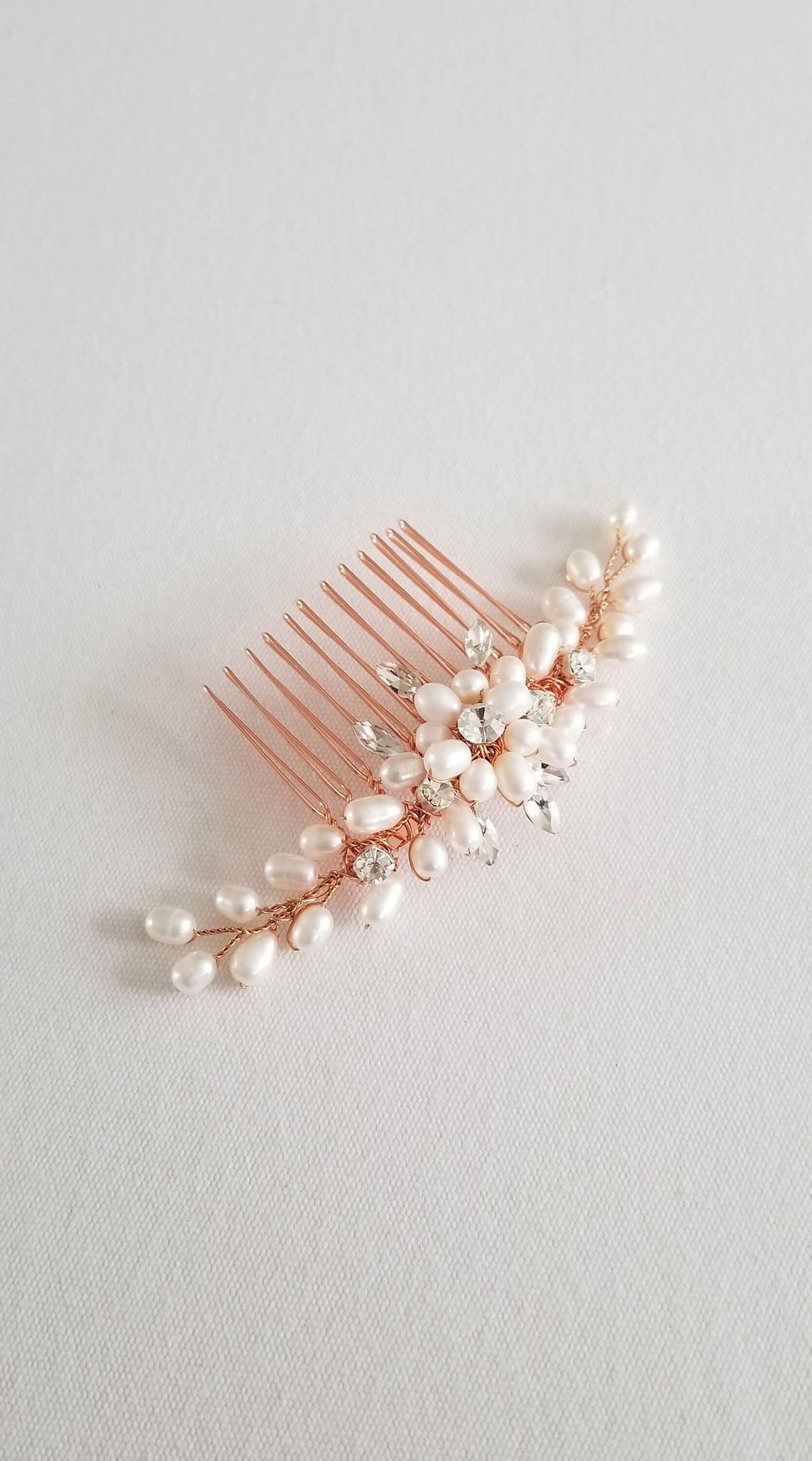 Freshwater Pearl Wedding Hair Comb, Small Pearl Crystal Bridal Hair Comb, Pearl Hair Comb for Bride - freshwater pearls, crystal rhinestones, wire, metal comb, metal leaves, metal flowers