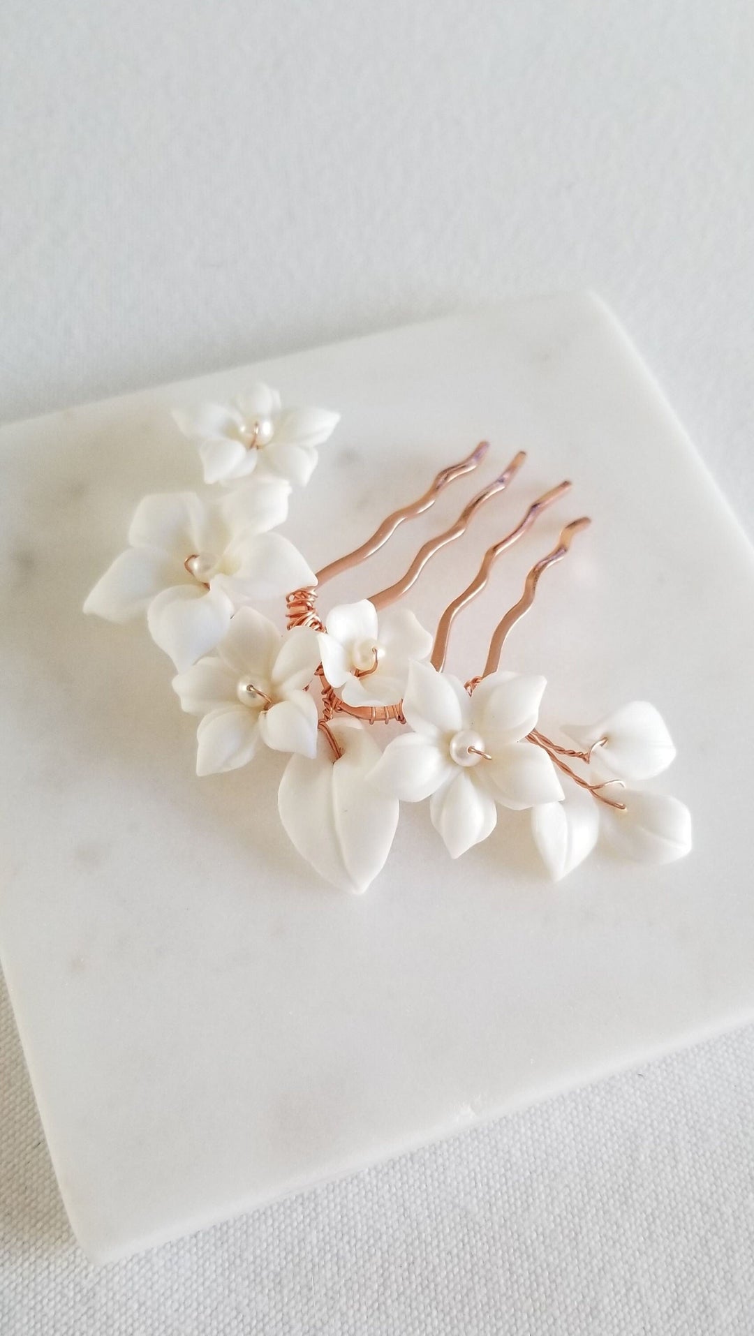 Wedding Hair Comb Porcelain Flowers, Small Floral Wedding Hair Comb, Clay Flower Bridal Hair Comb - Porcelain Flowers, Freshwater Pearls, Metal Comb, Wire, Seed Beads