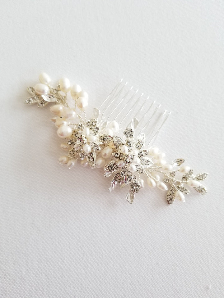 Freshwater Pearl Wedding Hair Comb, Pearl Crystal Bridal Hair Comb, Hair Comb for Bride - freshwater pearls, crystal rhinestones, wire, metal comb, metal leaves, metal flowers