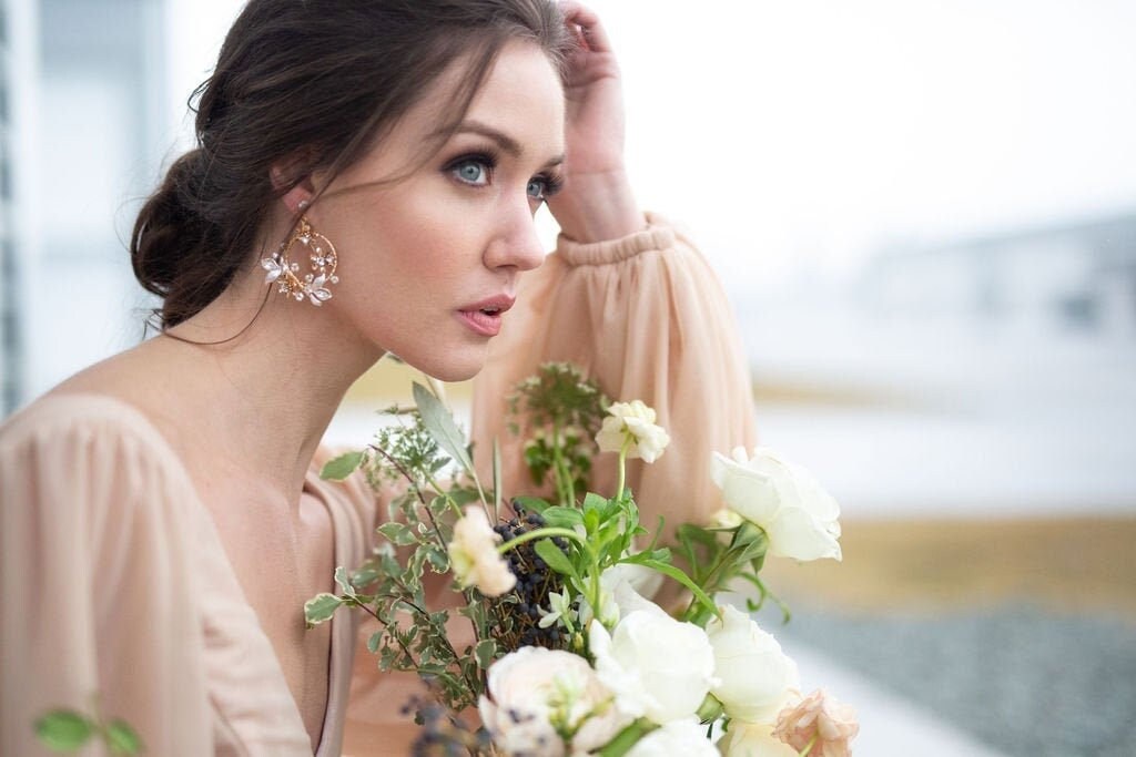 Floral Wedding Hoop Earrings, Gold Crystal and Pearl Bridal Earrings, Gold Statement Bridal Earrings - metal hoops, rhinestones, studs, screw backs, wire, freshwater pearls