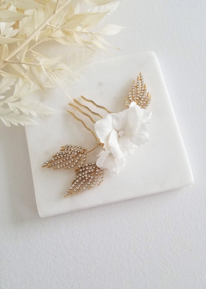 Gold Wedding Hair Comb Polymer Flowers, Gold Floral Wedding Hair Comb, Clay Flower Bridal Hair Comb - wire, metal comb, polymer clay flowers, rhinestone leaves