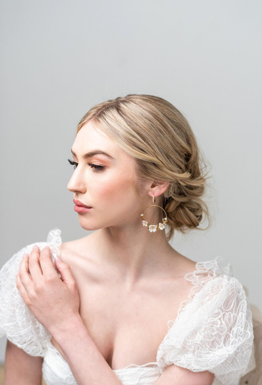 Pearl Wedding Earrings With Floral Design, Clay Flower Hoop Boho Bridal Earrings, Gold Floral Statement Earrings For Bride - metal hoops, wire, ear wires, cubic zirconia, seed beads, freshwater pearls, polymer flowers, metal leaves