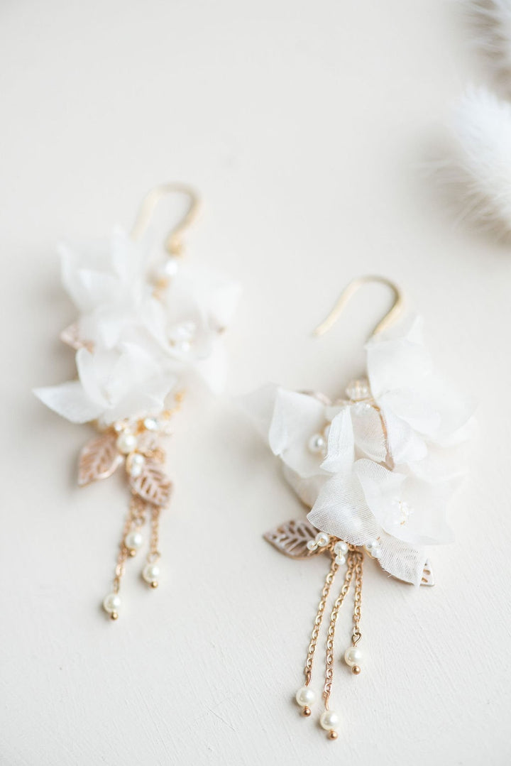 Floral Bridal Earrings, Long Silk Flower Wedding Earrings, Bohemian Style Bridal Earrings, Floral Earrings For Bride - rhinestones, wire, seed beads, metal leaves, Swarovski pearls, hoop, ear wires, crystals, chain, pure silk flowers