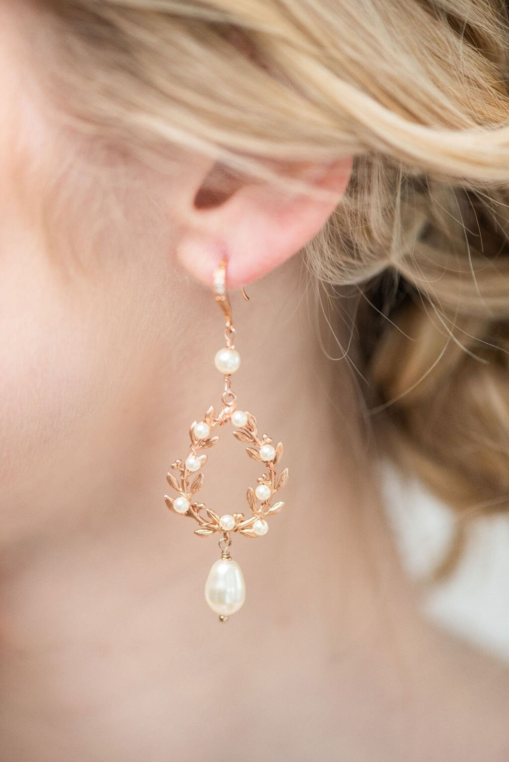 Pearl Bridal Earrings, Gold Long Pearl Drop Earrings for Bride, Rose Gold Hoop Wedding Earrings - plated brass components, cubic zirconia ear wire, head pins, wire, crystal core pearls