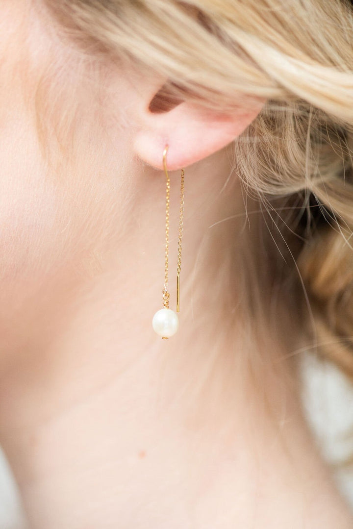 Pearl Bridal Earrings, Long Freshwater Pearl Drop Earrings for Bride, Minimalist Threader Pearl Wedding Earrings - head pins, freshwater pearls, ear threaders