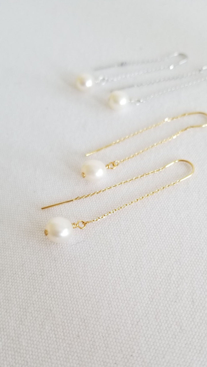 Pearl Bridal Earrings, Long Freshwater Pearl Drop Earrings for Bride, Minimalist Threader Pearl Wedding Earrings - head pins, freshwater pearls, ear threaders