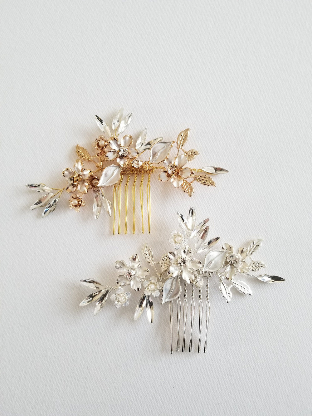 Silver Leaf & Twig Wedding Hair Comb, Crystal Gold Wedding Hairpiece, Gold Leaf Bridal Comb, Gold Bridal Headpiece - crystal rhinestones, metal comb, silver metal base, wire, metal leaves, metal flowers