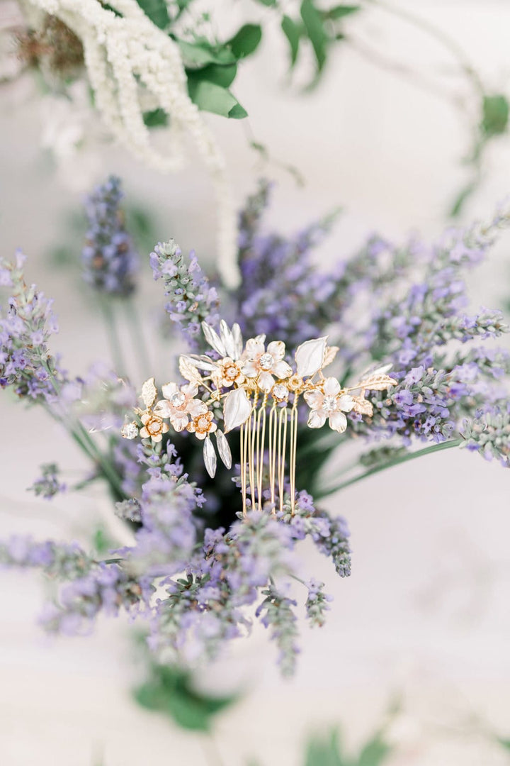 Silver Leaf & Twig Wedding Hair Comb, Crystal Gold Wedding Hairpiece, Gold Leaf Bridal Comb, Gold Bridal Headpiece - crystal rhinestones, metal comb, silver metal base, wire, metal leaves, metal flowers