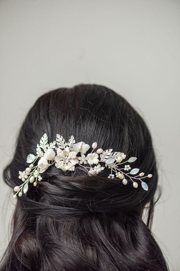 Bridal Hair Comb White Opal Crystal, Wedding Hair Comb Floral Silver Crystal, Wedding Hair Accessory - metal comb, crystals, silver wire, ceramic flowers, freshwater pearls, metal leaves and flowers