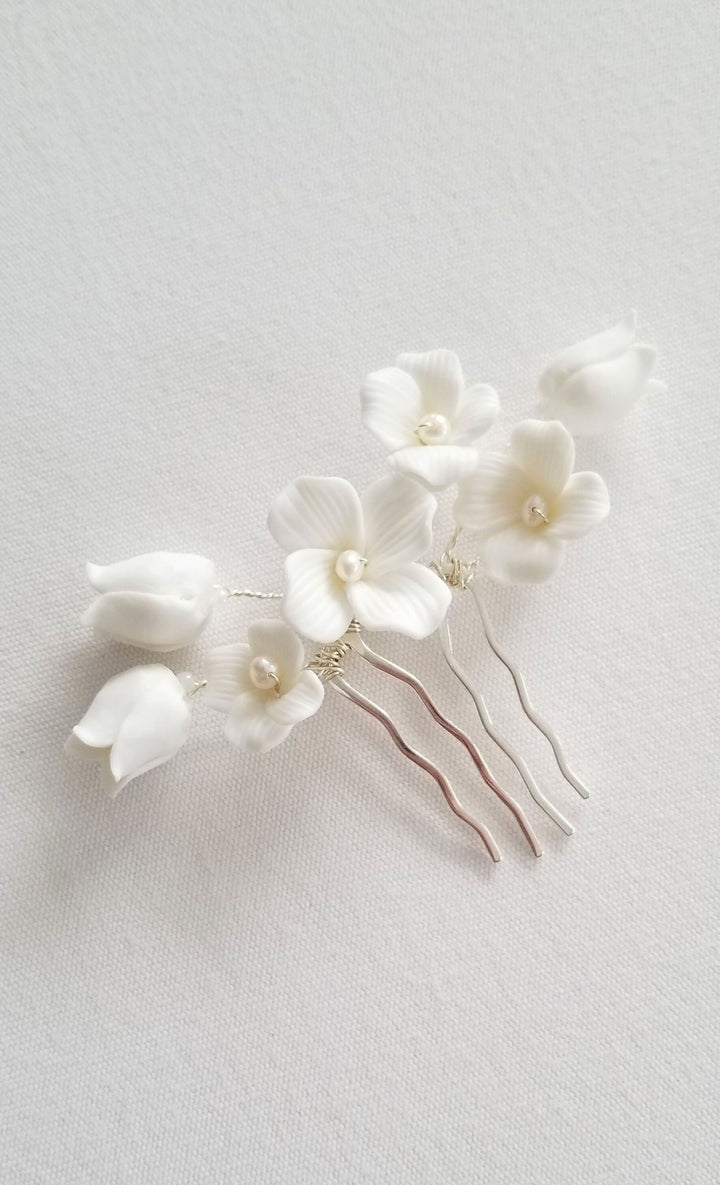 Wedding Hair Comb Porcelain Flowers, Small Floral Wedding Hair Comb, Clay Flower Bridal Hair Comb - Porcelain Flowers, Freshwater Pearls, Metal Comb, Wire, Seed Beads