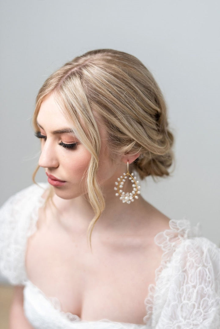 Pearl Bridal Earrings, Floral Wedding Hoop Earrings, Wedding Statement Earrings For Bride - metal hoops, wire, freshwater pearls, metal flower, cubic zirconia ear wires