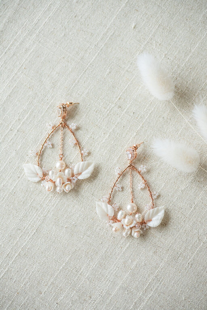 Boho Bridal Earrings, Clay Flower Wedding Hoop Earrings, Floral Wedding Statement Earrings For Bride - metal hoops, wire, freshwater pearls, seedbeads, clay flowers and leaves, chain, Swarovski crystals, cubic zirconias, extender chains and clasps