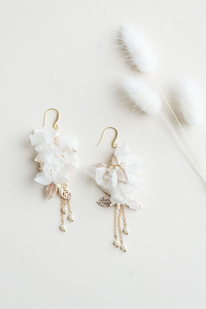 Floral Bridal Earrings, Long Silk Flower Wedding Earrings, Bohemian Style Bridal Earrings, Floral Earrings For Bride - rhinestones, wire, seed beads, metal leaves, Swarovski pearls, hoop, ear wires, crystals, chain, pure silk flowers