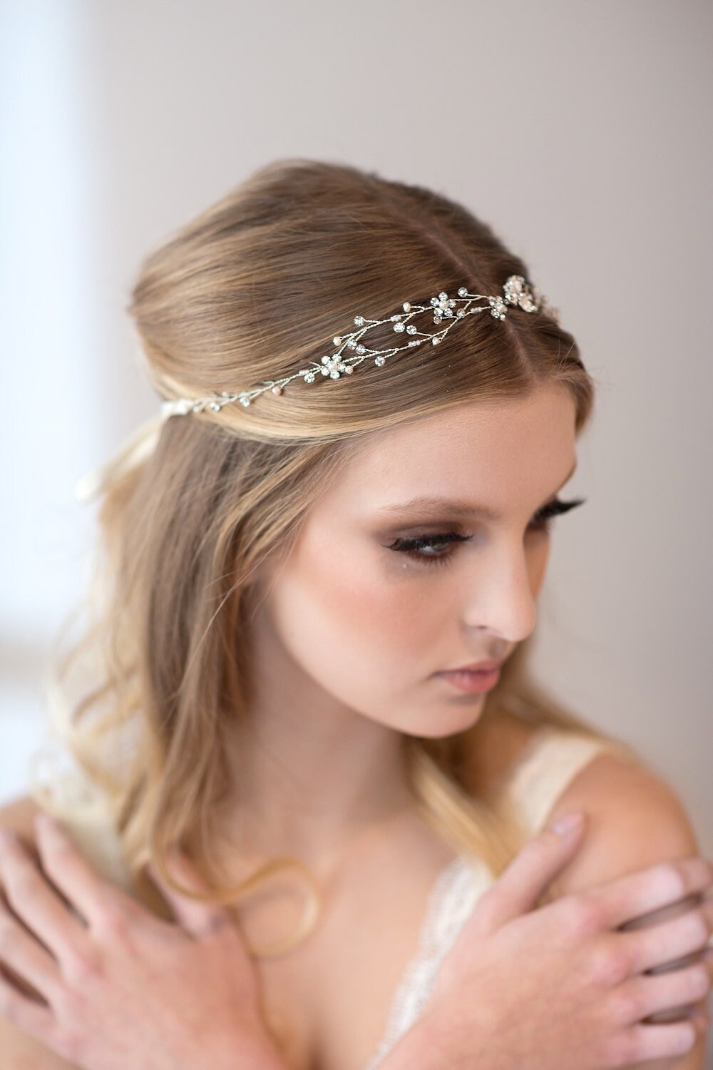 Wedding Hair Vine, Boho Bridal Headpiece, Bridal Hairpiece, Gold Hair Vine, Bridal Hair Vine, Rose Gold Wedding Headpiece - wire, crystal rhinestones, metal leaves, freshwater pearls, seed beads, double sided ribbon, pearlized metal flowers, faux pearls