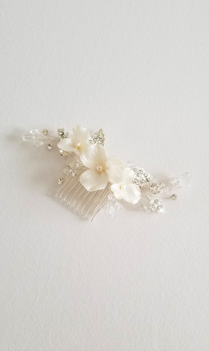 Bridal Hair Comb with Clay Flowers, Wedding Headpiece, Floral Crystal Hair Comb, Wedding Comb for Bride, Bridal Floral Hairpiece - crystals, rhinestones, wire, metal comb, polymer clay flowers, freshwater pearls, seed beads