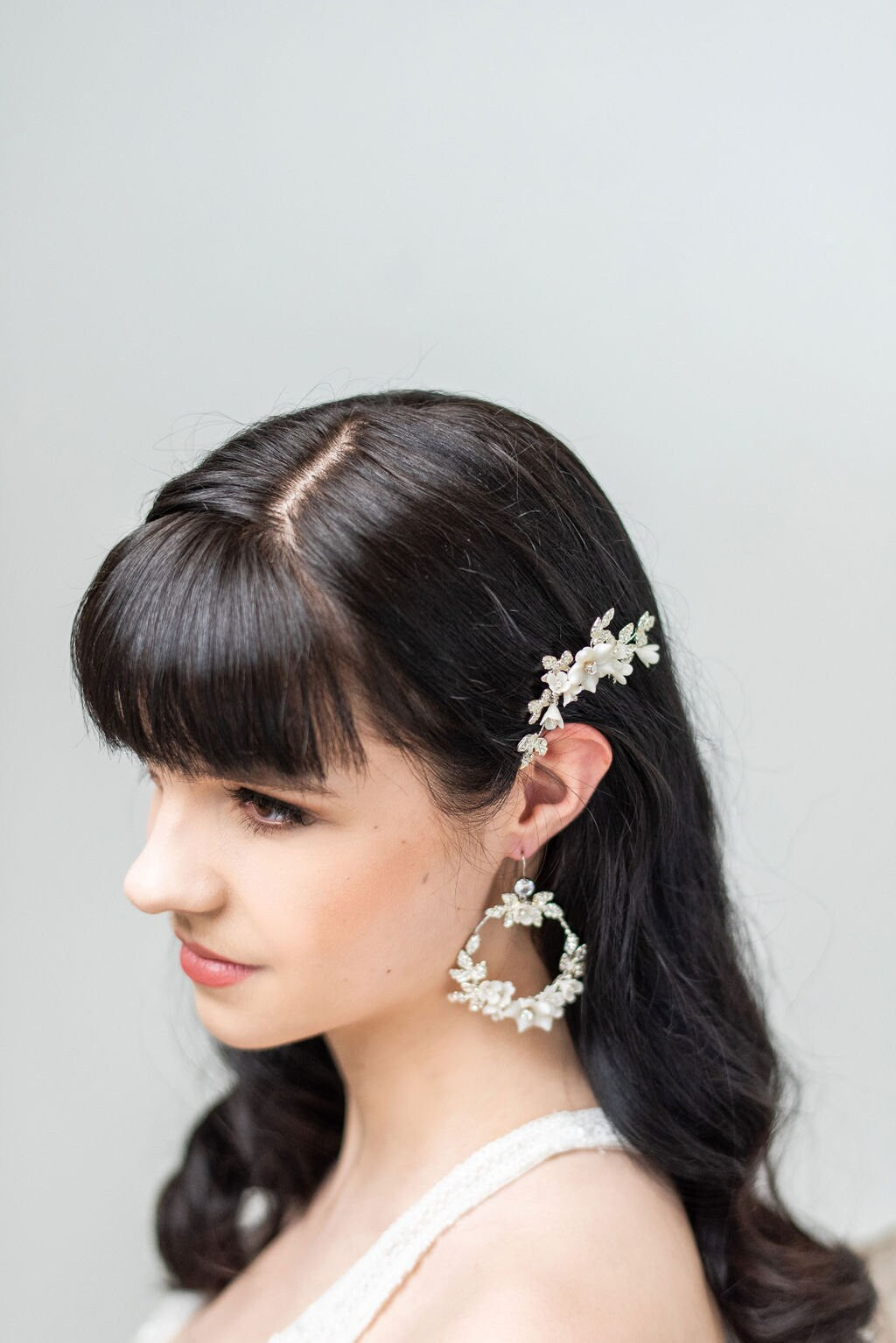 Wedding Earrings and Comb Set Floral Design, Clay Flower Hoop Bridal Earrings and Comb, Boho Floral Statement Earrings For Bride - metal hoops, wire, ear wires, cubic zirconia, seed beads, polymer clay flowers, rhinestones, metal leaves