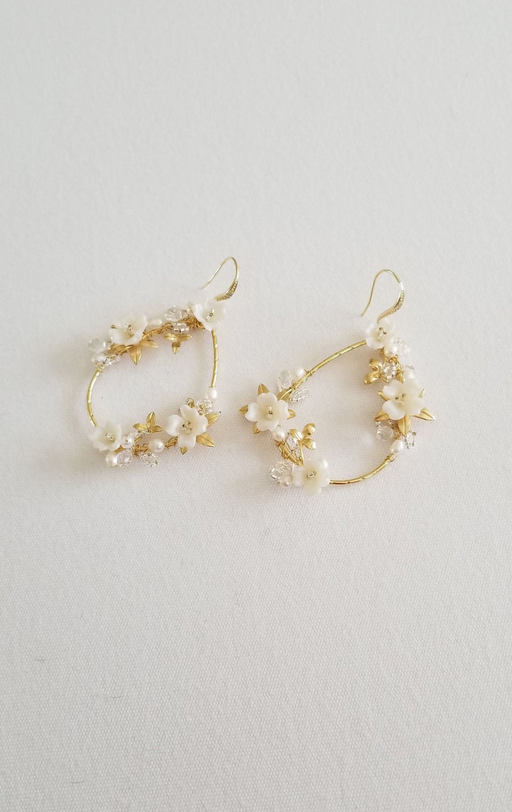 Pearl Wedding Earrings Floral Design, Clay Flower Hoop Boho Bridal Earrings, Gold Floral Statement Earrings For Bride - metal hoops, wire, ear wires, cubic zirconia, seed beads, freshwater pearls, polymer flowers, metal leaves