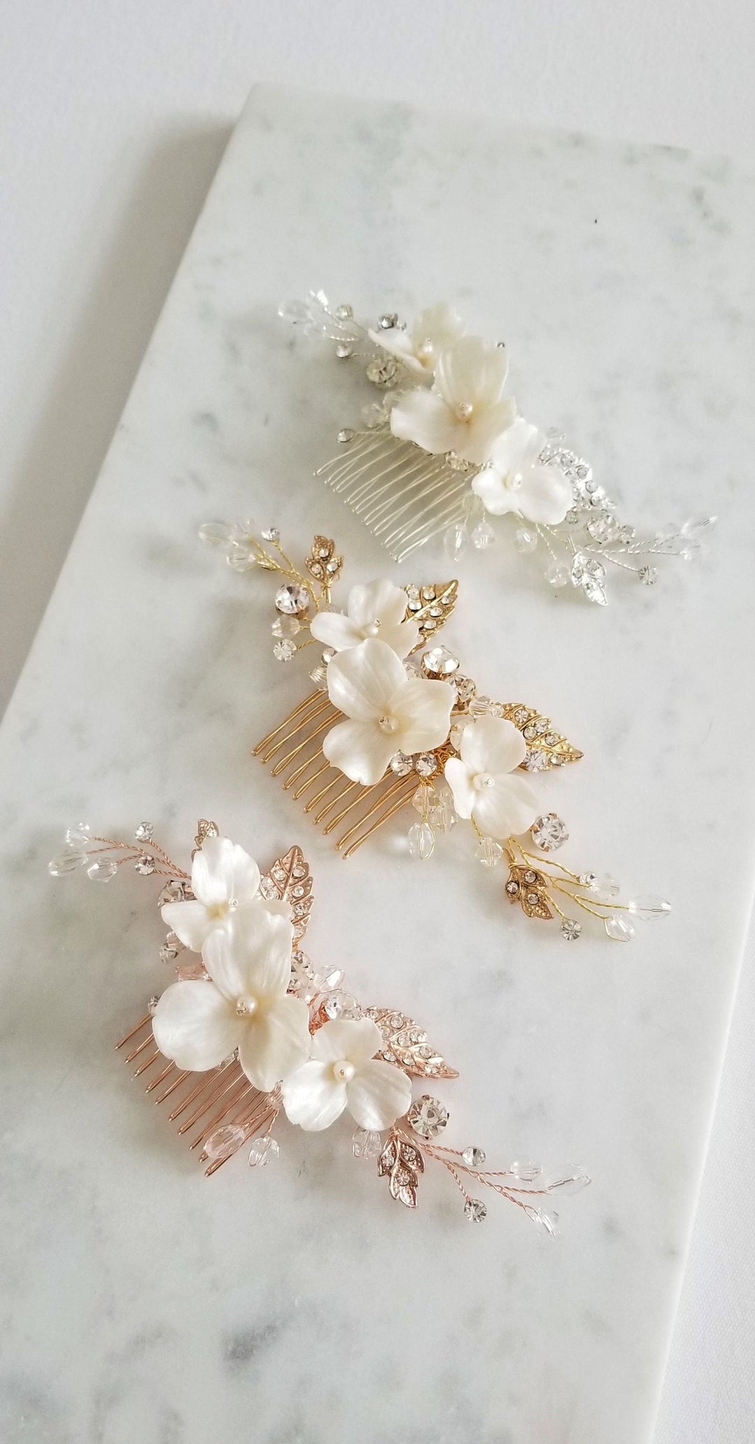 Bridal Hair Comb with Clay Flowers, Wedding Headpiece, Floral Crystal Hair Comb, Wedding Comb for Bride, Bridal Floral Hairpiece - crystals, rhinestones, wire, metal comb, polymer clay flowers, freshwater pearls, seed beads