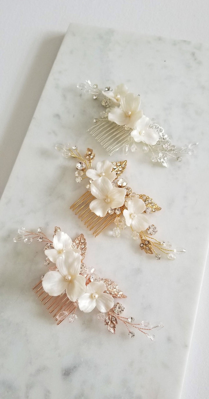 Bridal Hair Comb with Clay Flowers, Wedding Headpiece, Floral Crystal Hair Comb, Wedding Comb for Bride, Bridal Floral Hairpiece - crystals, rhinestones, wire, metal comb, polymer clay flowers, freshwater pearls, seed beads