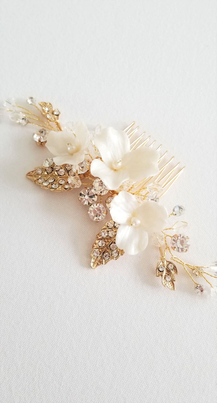 Bridal Hair Comb with Clay Flowers, Wedding Headpiece, Floral Crystal Hair Comb, Wedding Comb for Bride, Bridal Floral Hairpiece - crystals, rhinestones, wire, metal comb, polymer clay flowers, freshwater pearls, seed beads