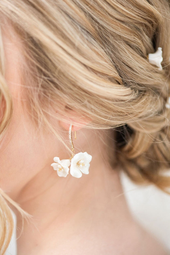 Floral Bridal Earrings, Porcelain Flower Wedding Earrings, Freshwater Pearl Drop Gold Earrings, Earrings For Bride - freshwater pearls, gold plated brass ear wires, cubic zirconias, wire, porcelain flowers, seed beads