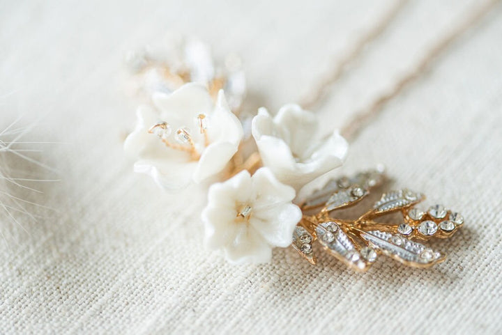 Wedding Hair Pin with Porcelain Flowers, Floral Bridal Hair Pins, Gold Flower Hair Pins For Bride - metal hair pin, wire, seed beads, porcelain flowers, metal leaves