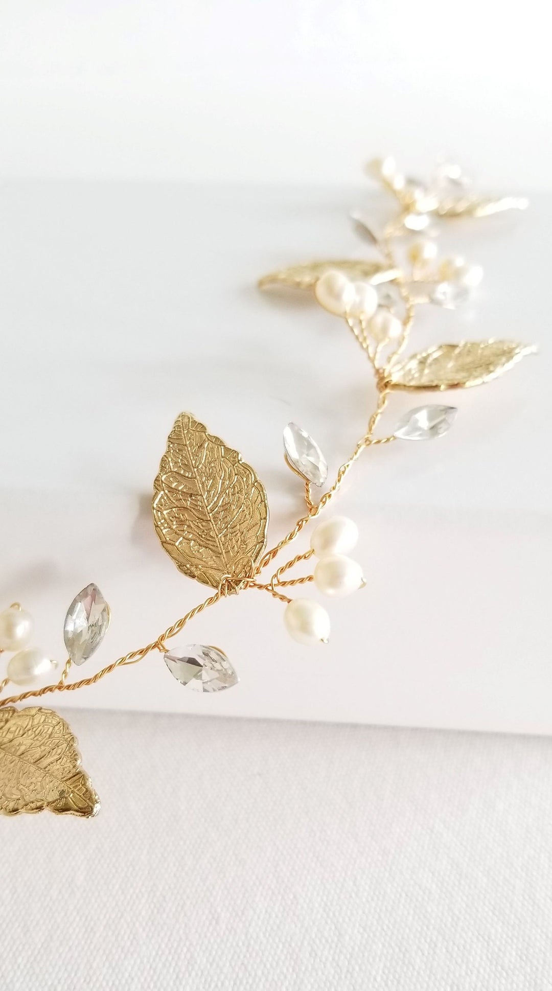 Gold Wedding Hair Vine, Freshwater Pearl Bridal Headpiece, Gold Leaf Pearl Bridal Headband, Wedding Hair Vine, Boho Crystal Vine - wire, crystal rhinestones, freshwater pearls, metal leaves