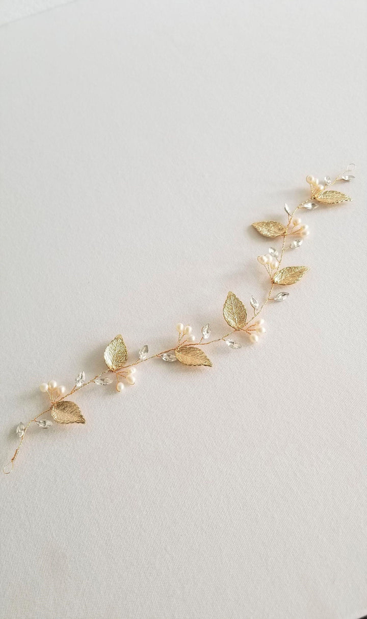 Gold Wedding Hair Vine, Freshwater Pearl Bridal Headpiece, Gold Leaf Pearl Bridal Headband, Wedding Hair Vine, Boho Crystal Vine - wire, crystal rhinestones, freshwater pearls, metal leaves