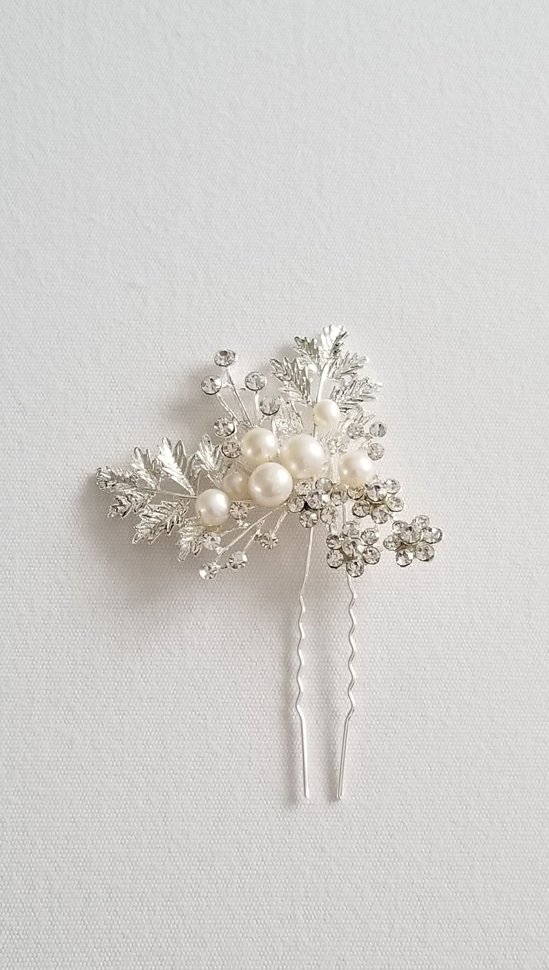 Pearl Wedding Hair Pin, Floral Freshwater Pearl Bridal Hair Pin, Silver Pearl Hair Pin For Bride - metal hair pin, wire, freshwater pearls, rhinestones