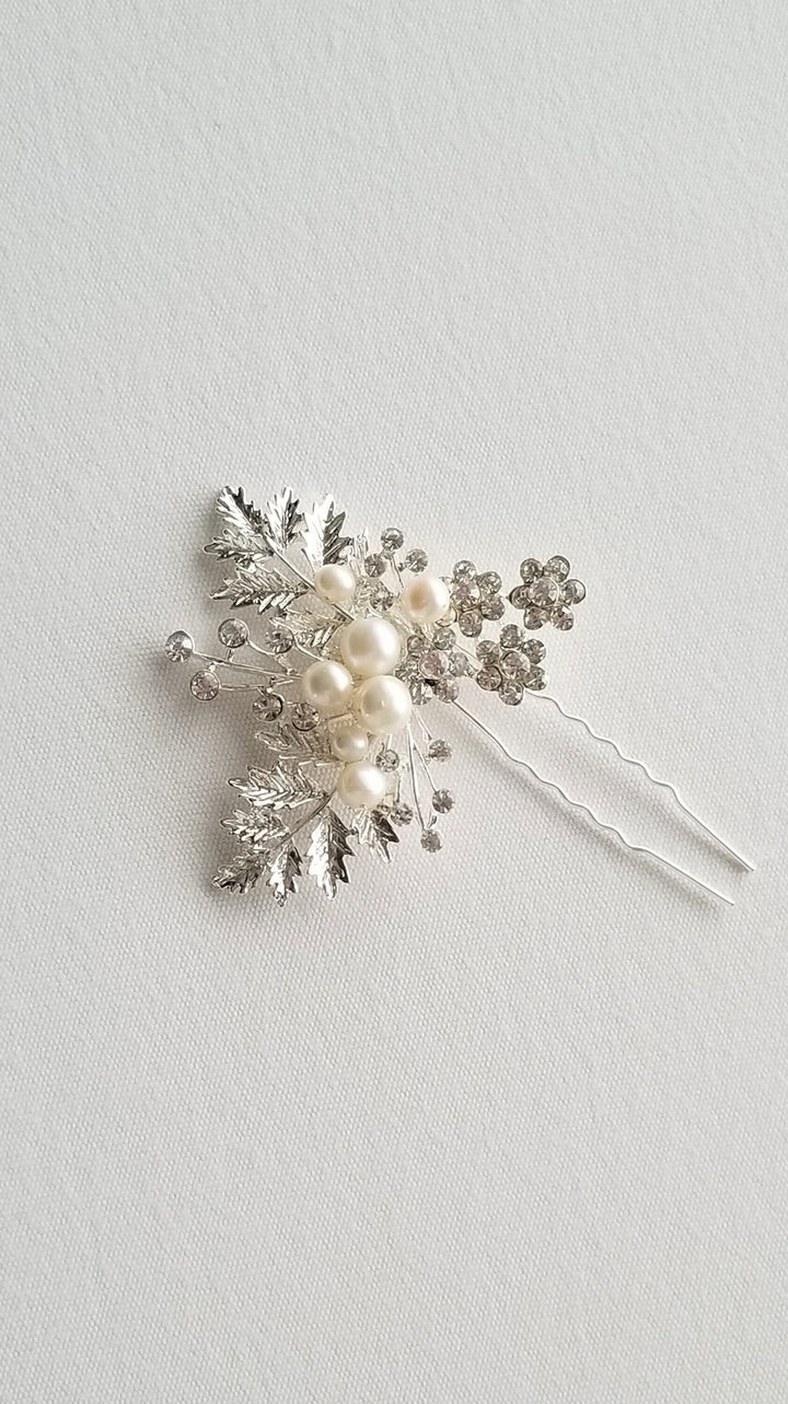 Pearl Wedding Hair Pin, Floral Freshwater Pearl Bridal Hair Pin, Silver Pearl Hair Pin For Bride - metal hair pin, wire, freshwater pearls, rhinestones