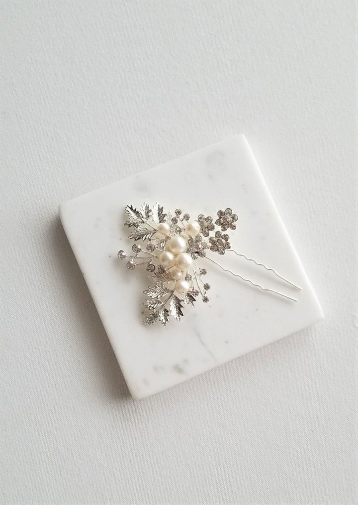 Pearl Wedding Hair Pin, Floral Freshwater Pearl Bridal Hair Pin, Silver Pearl Hair Pin For Bride - metal hair pin, wire, freshwater pearls, rhinestones