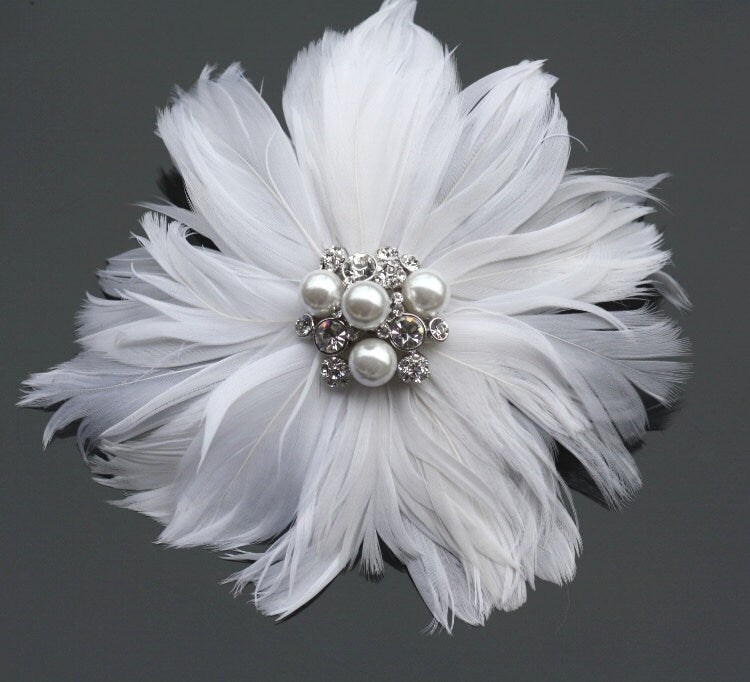 Wedding Feather Headpiece, Bridal Feather Fascinator, Feather Flower Headpiece, Fascinator, Wedding Feather Hairpiece - feathers, felt, silver alligator clip, crystal jewel