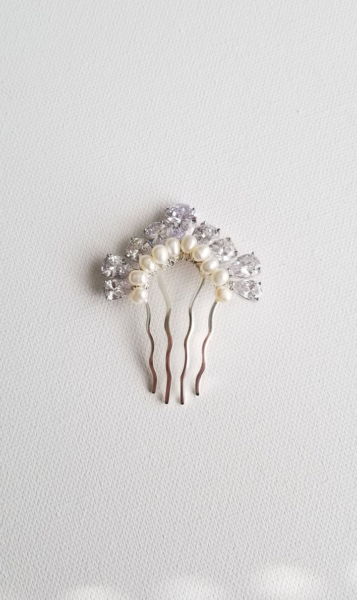 Cubic Zirconia Bridal Comb, Freshwater Pearl Bridal Comb, Pearl Bridal Hair Accessory - metal comb, freshwater pearls, cubic zirconias, wire