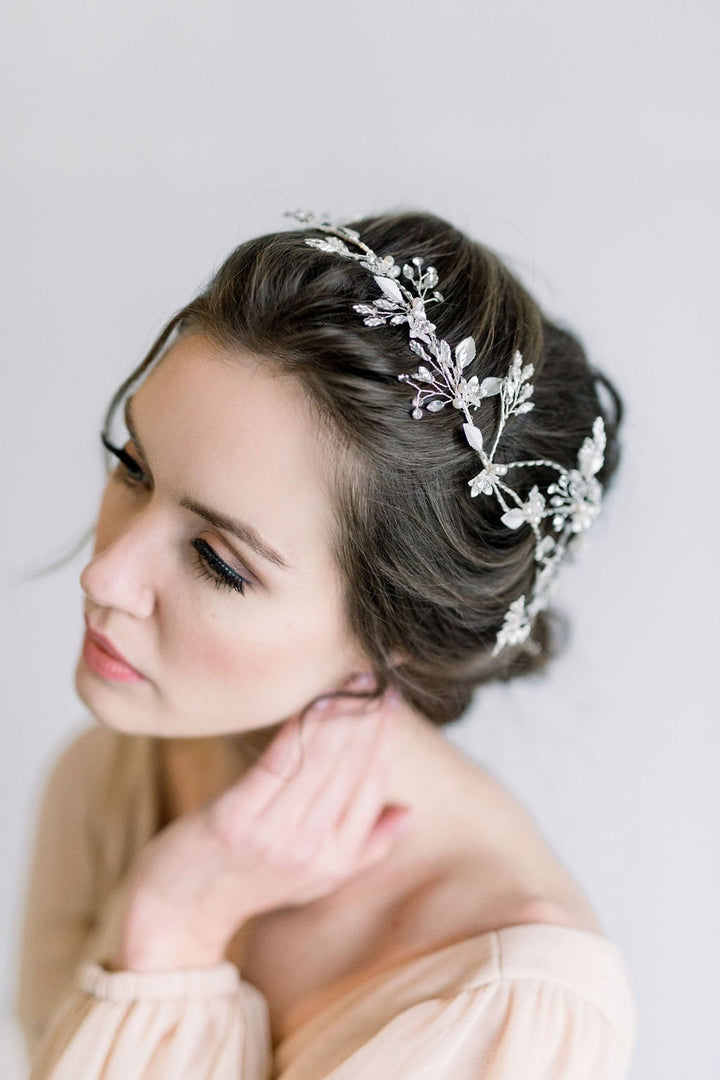 Silver Floral Wedding Hair Vine, Silver Wedding Headpiece, Silver Leaf Twig Bridal Hair Vine - metal leaves, wire, freshwater pearls, metal flowers, rhinestones