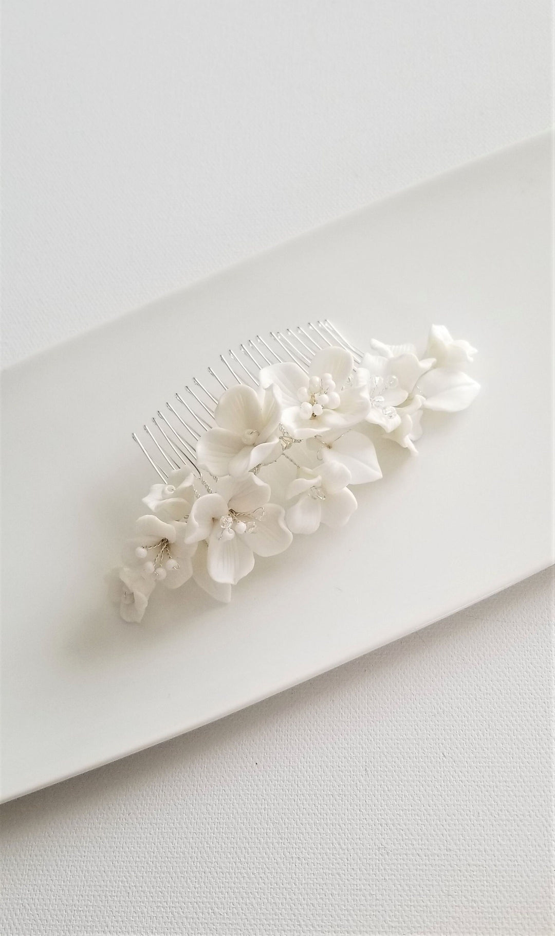 Porcelain Flower Bridal Hair Comb, Floral Wedding Comb, Clay Flower Bridal Hair Accessory - Porcelain flowers, Metal Comb, Seed Beads, Wire, Crystals