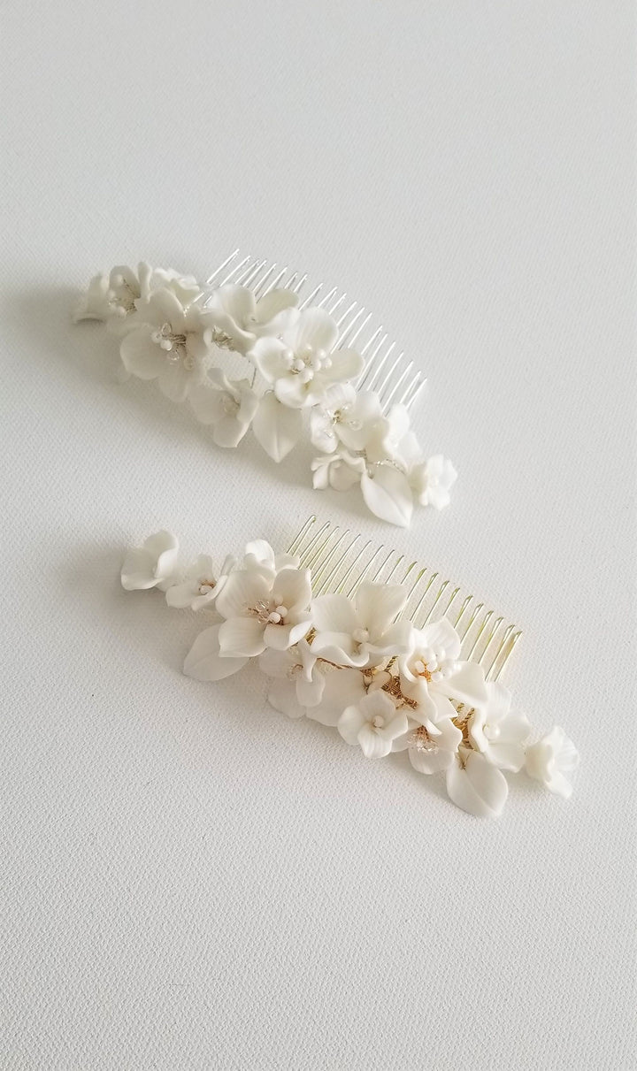 Porcelain Flower Bridal Hair Comb, Floral Wedding Comb, Clay Flower Bridal Hair Accessory - Porcelain flowers, Metal Comb, Seed Beads, Wire, Crystals